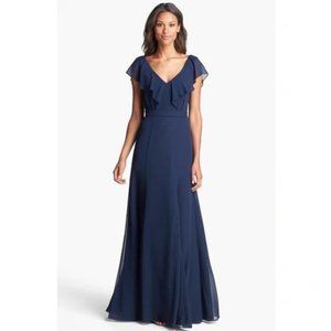 Jenny Yoo Cecilia Navy Blue Chiffon Ruffle Bridesmaid Maxi Formal Dress, size 4